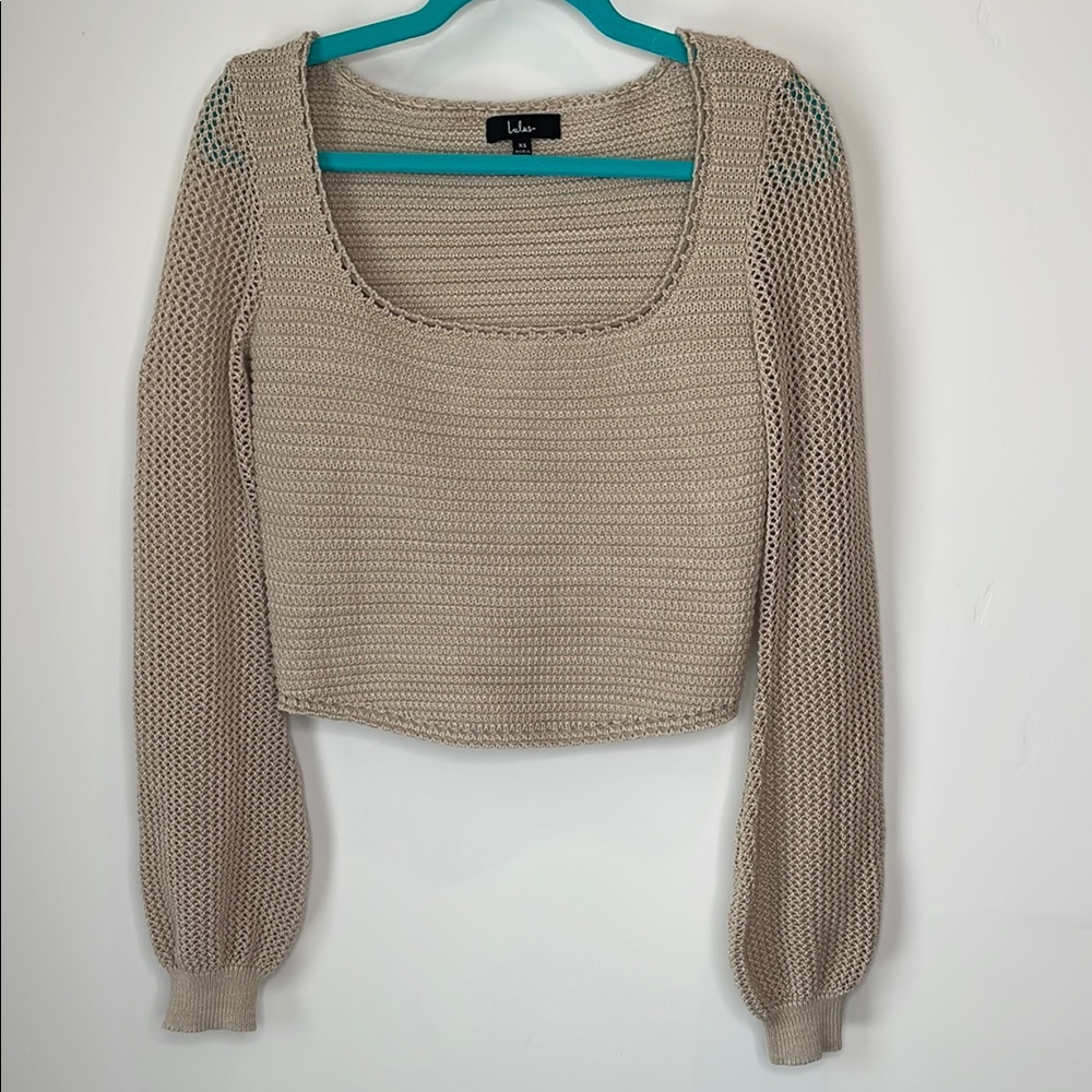 Lulu's Tan Scoop Neck Cropped Sweater with Ribbed Knit